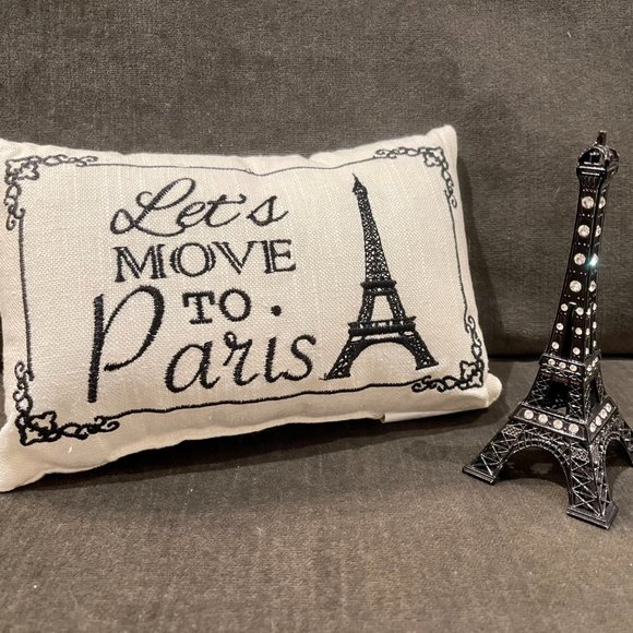 PARIS BUNDLE! MINI EMBROIDERED CREAM LINEN/COTTON PILLOW & SPARKLY EIFFEL TOWER - Picture 3 of 4